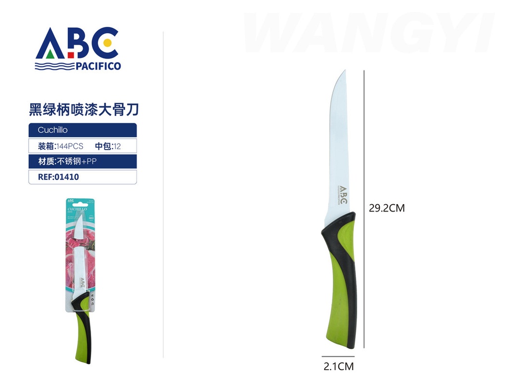 Cuchillo plano de acero inoxidable con mango cuadrado de plástico verde con negro
