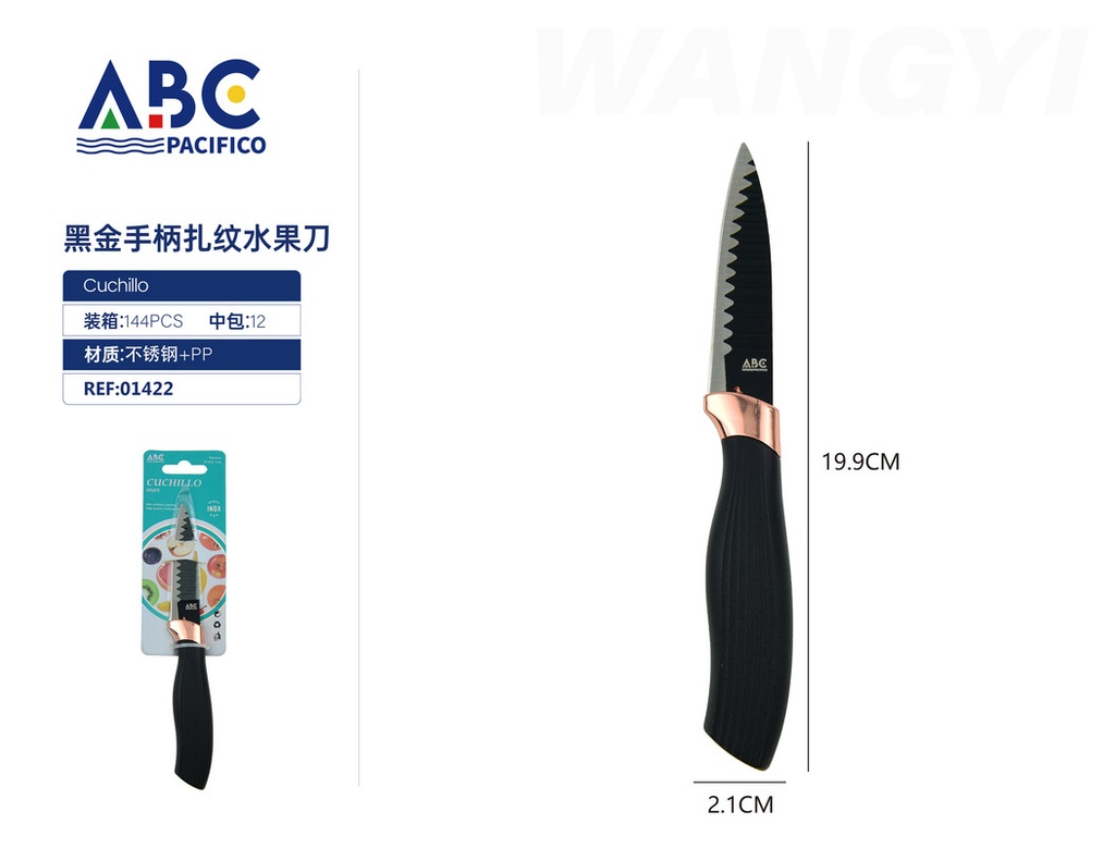 Cuchillo plano de acero inoxidable negro con mango cuadrado de plástico negro con dorado