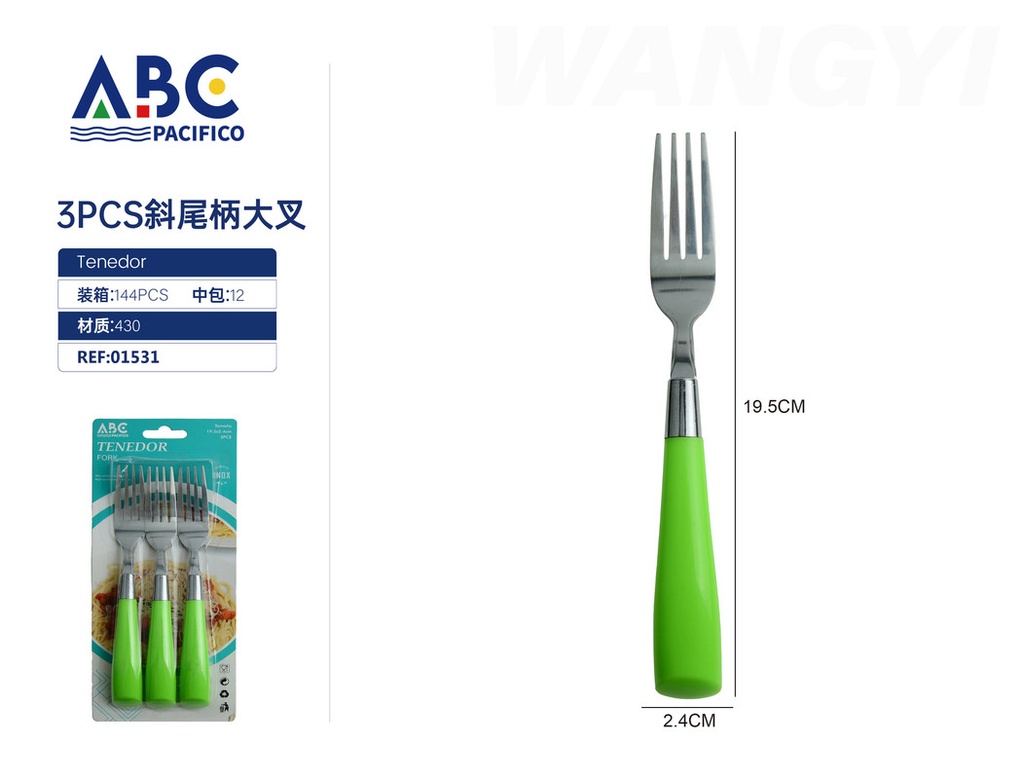 Tenedor de mesa con mango de plástico verde 3pzs