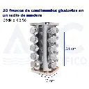 20 frascos de condimentos giratorios en un radio de madera