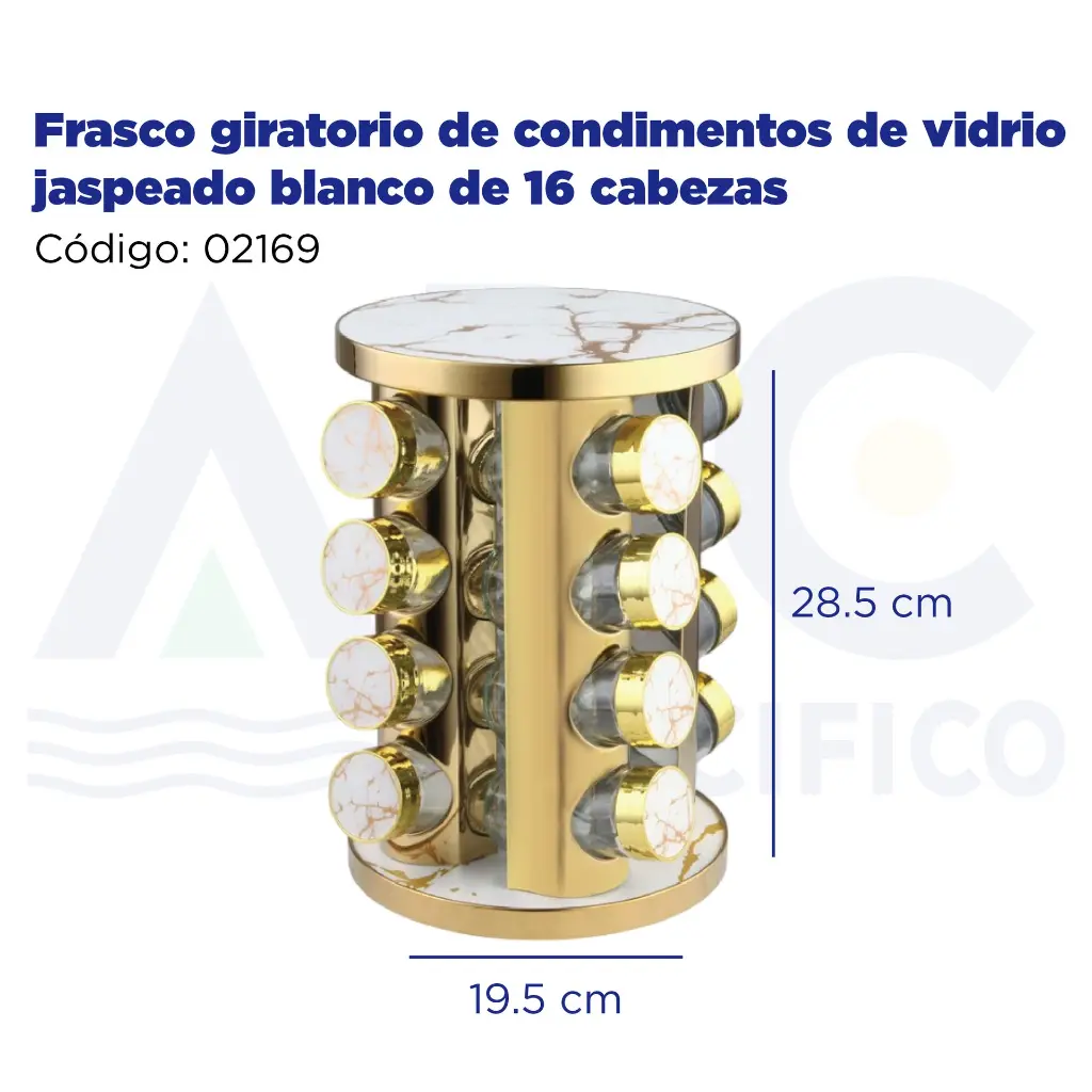 Frasco giratorio de condimentos de vidrio jaspeado blanco de 16 cabezas