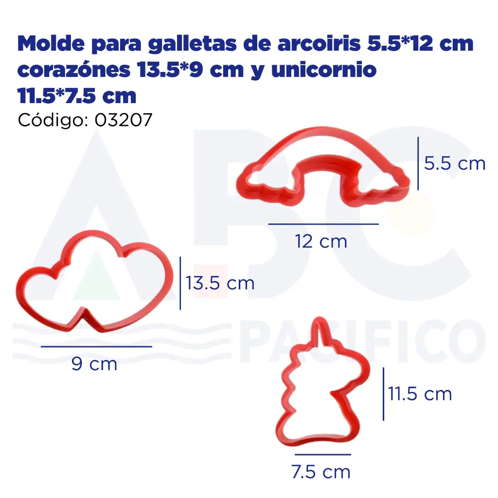 Molde para galletas de arcoiris 5.5*12 cm corazónes 13.5*9 cm y unicornio 11.5*7.5 cm de