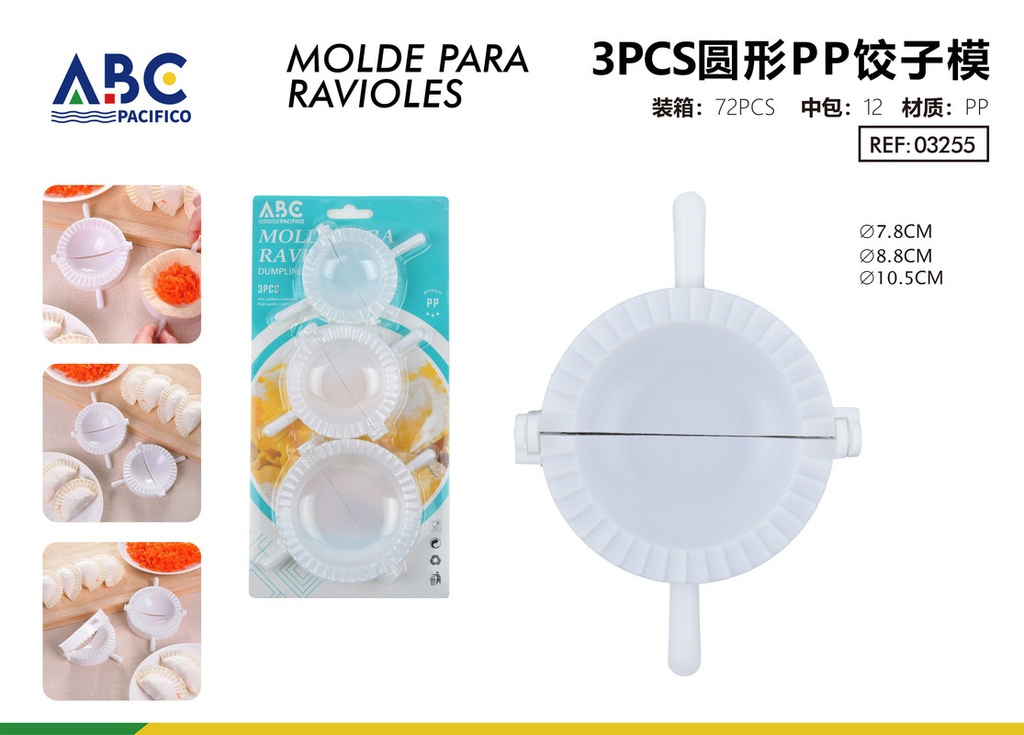 Molde plástico para ravioles 3 piezas medidas 7.8cm 8.8cm 10.5cm