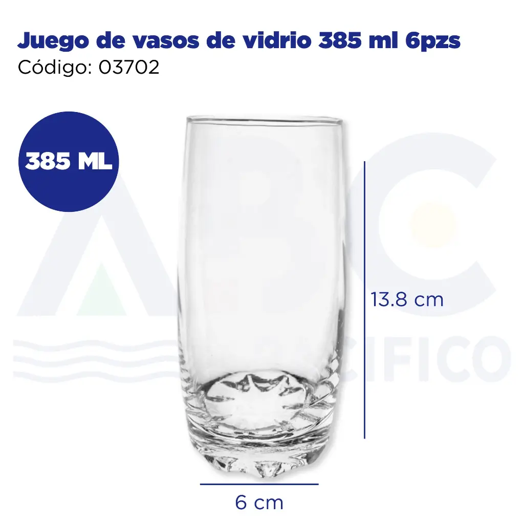 Juego de vasos de vidrio 385 ml 6pzs