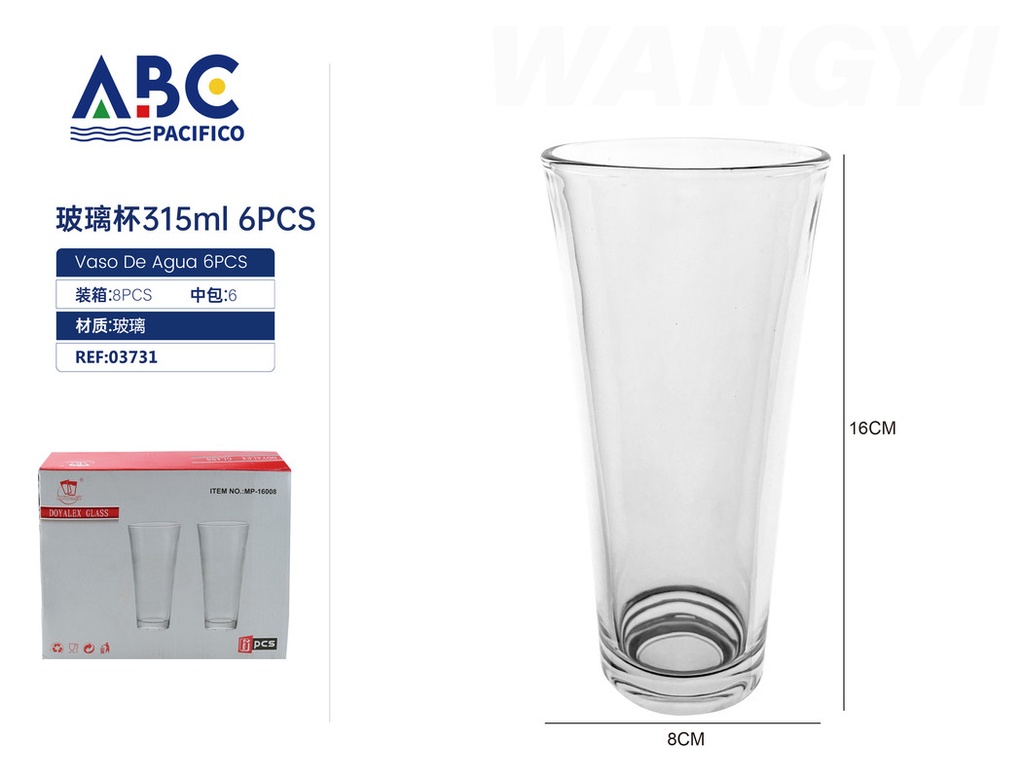 Juego de vasos de vidrio 6pzs 315ml