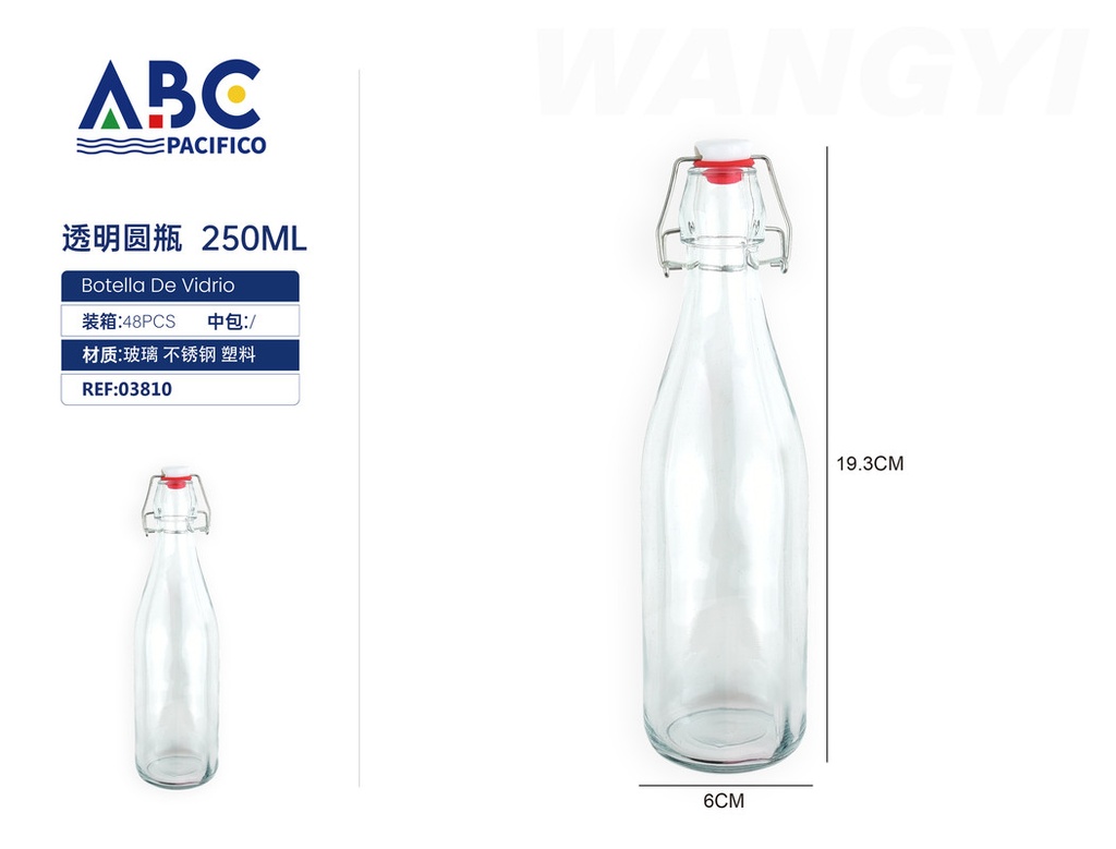 Botella redonda transparente con tapa hermética de 250ml