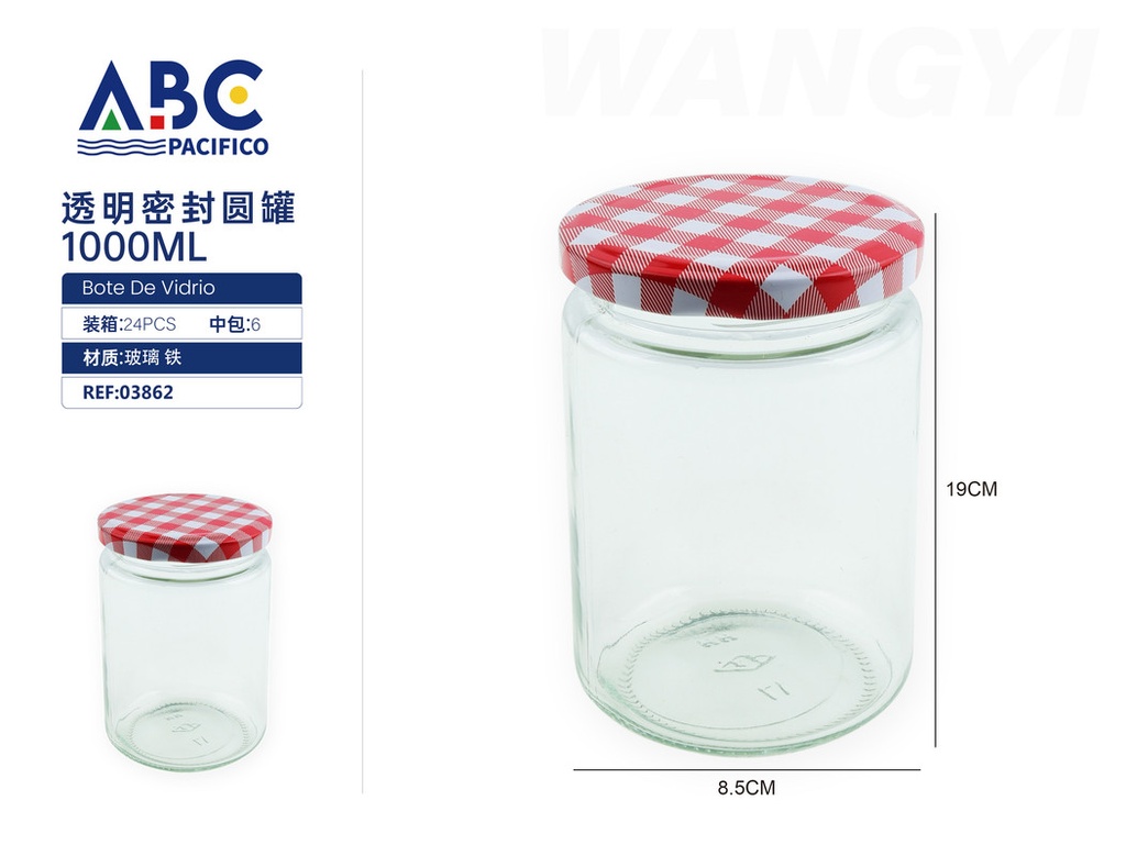 Frasco redondo de vidrio con tapa de 1000ml