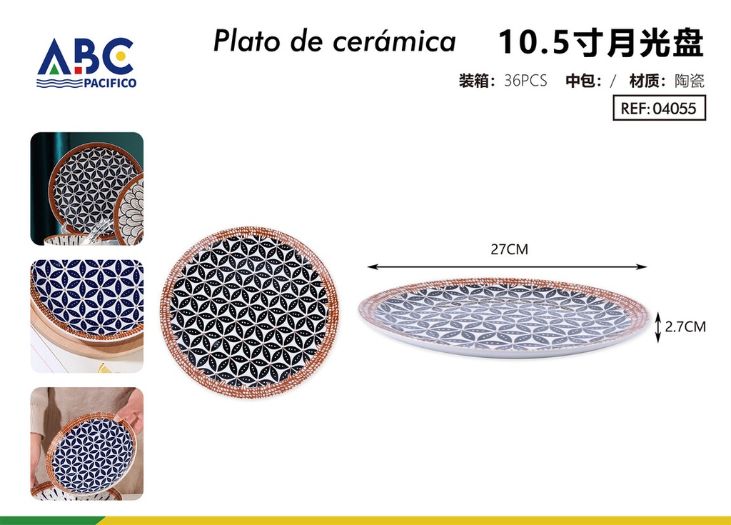 Plato plano de cerámica con diseño de flores 10"