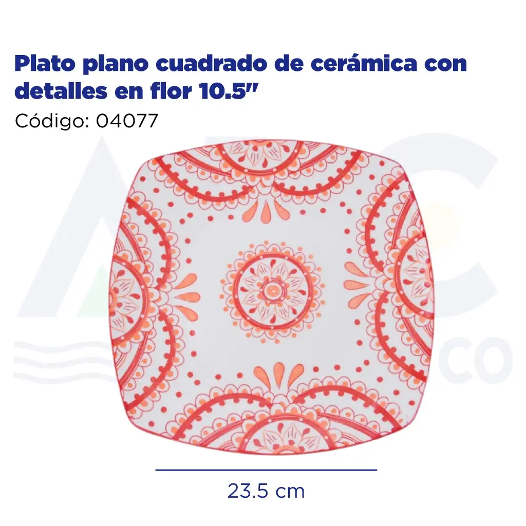 Plato plano cuadrado de cerámica con detalles en flor 10.5"
