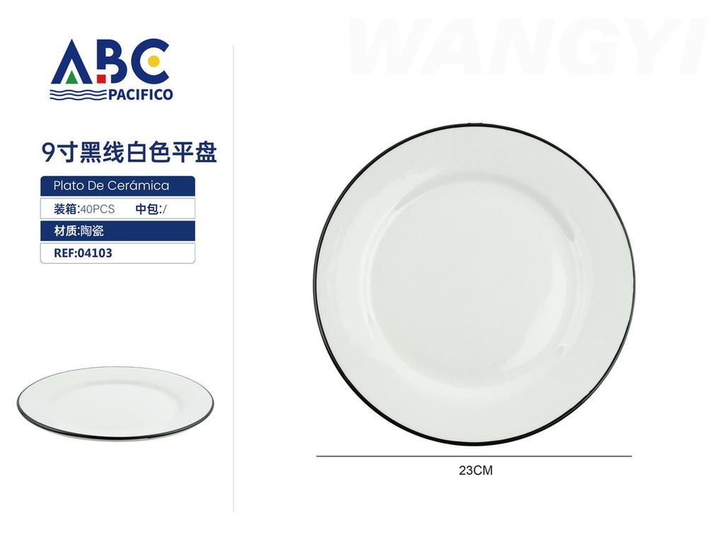 Plato plano blanco de línea negra de 9"