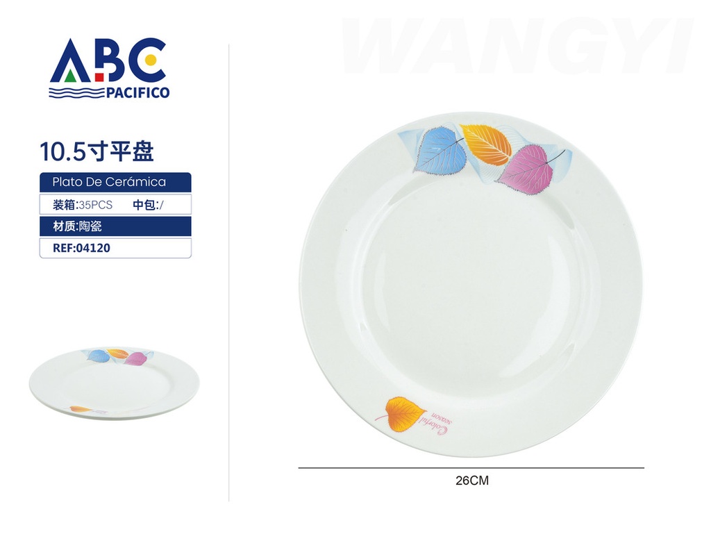 Plato plano de cerámica en color blanco con diseño de hojas de colores 10.5"