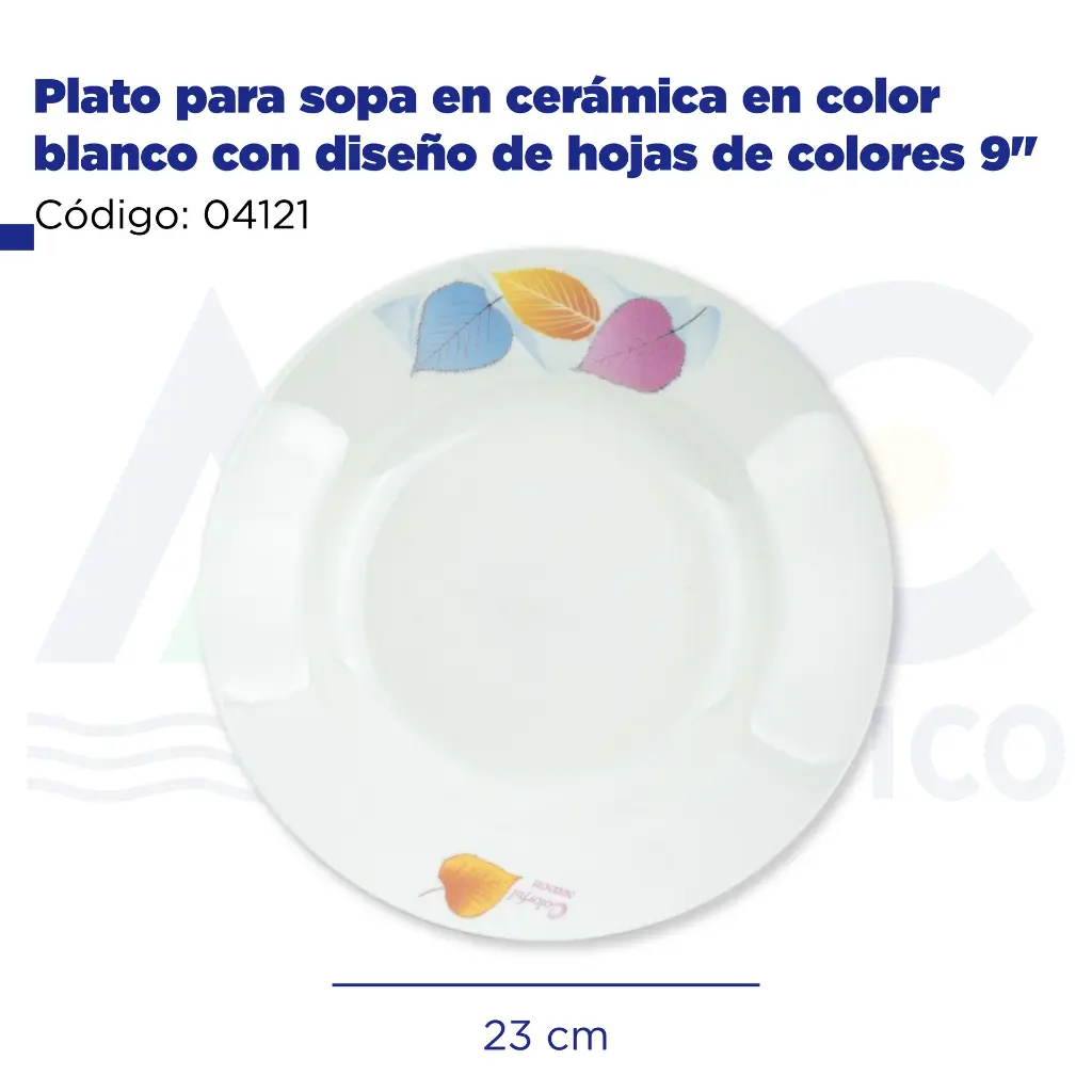 Plato para sopa en cerámica en color blanco con diseño de hojas de colores 9"