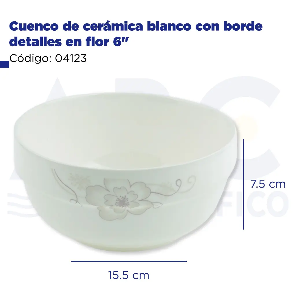 Cuenco de cerámica blanco con borde detalles en flor 6"