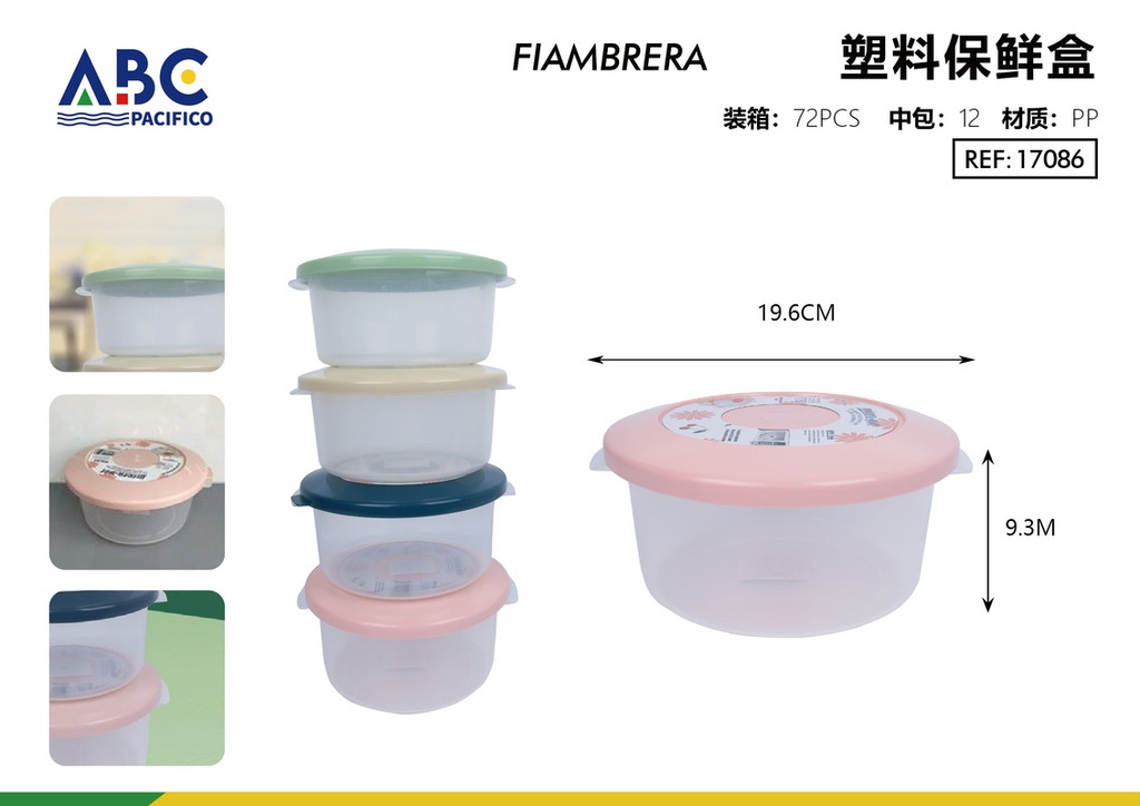 Porta alimentos de plástico redondo con tapa de colores 19.6*9.3cm paquete 12 piezas