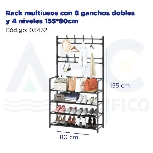 [05432] Rack multiusos con 8 ganchos dobles y 4 niveles 155*80cm