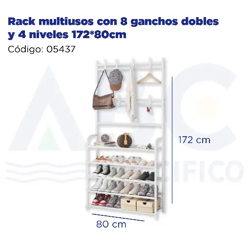 [05437] Rack multiusos con 8 ganchos dobles y 4 niveles 172*80cm