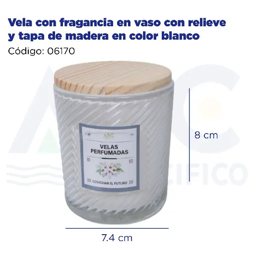 [06170] Vela con fragancia en vaso con relieve y tapa de madera en color blanco