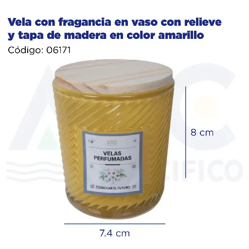 [06171] Vela con fragancia en vaso con relieve y tapa de madera en color amarillo