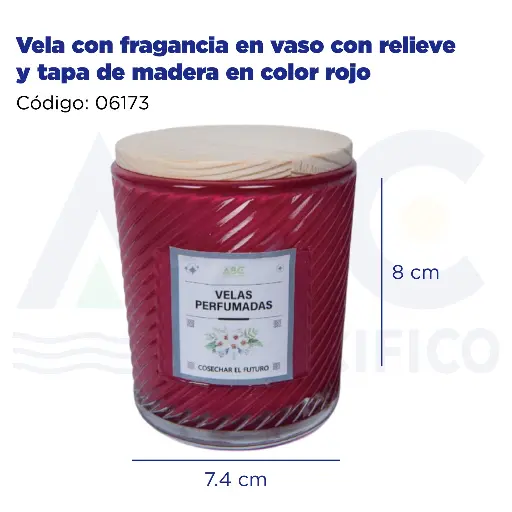[06173] Vela con fragancia en vaso con relieve y tapa de madera en color rojo