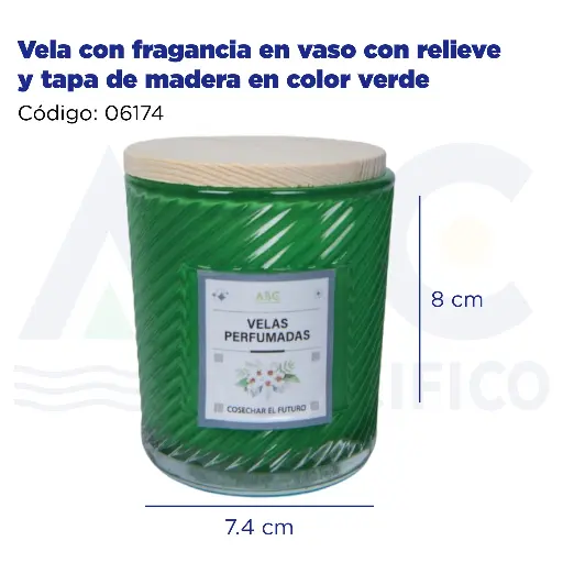 [06174] Vela con fragancia en vaso con relieve y tapa de madera en color verde