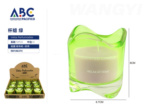 [06374] Vela perfumada en vaso con relieve color verde 6.7*8cm