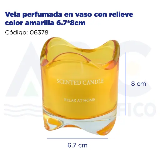 [06378] Vela perfumada en vaso con relieve color amarilla 6.7*8cm