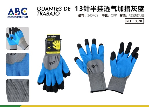 [10870] Guantes de trabajo de 13 puntadas semicolgados transpirables más dedo gris azul