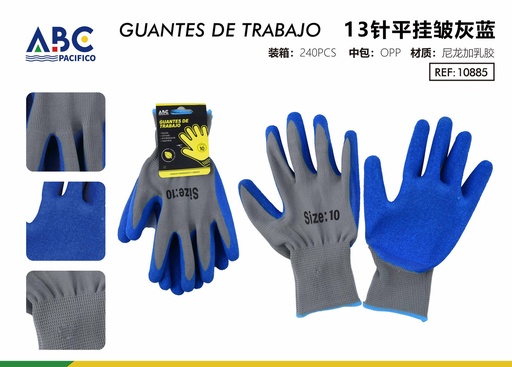 [10885] Guantes de trabajo 13 puntos planos arrugados gris azul