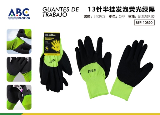 [10890] Guantes de trabajo de 13 puntadas de espuma semicolgante verde fluorescente negro