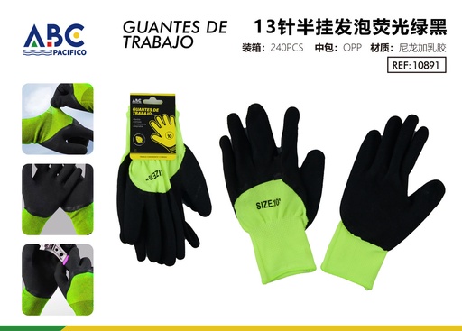 [10891] Guantes de trabajo de 13 puntadas de espuma semicolgante verde fluorescente negro