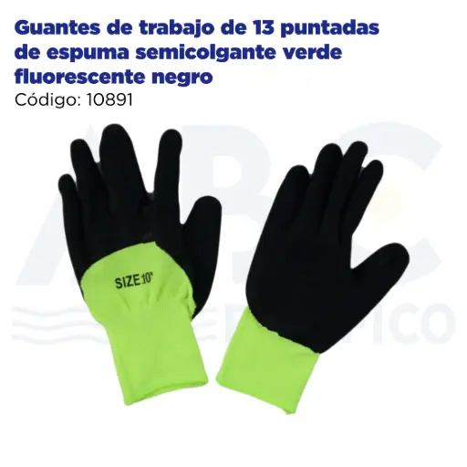 [10891] Guantes de trabajo de 13 puntadas de espuma semicolgante verde fluorescente negro