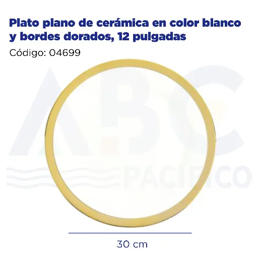 [04699] Plato plano de cerámica en color blanco y bordes dorados, 12 pulgadas