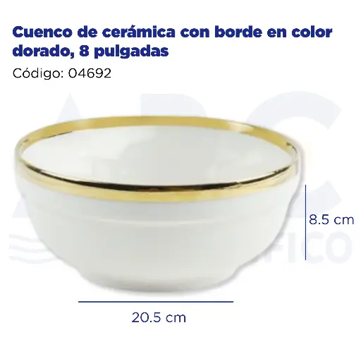 [04692] Cuenco de cerámica con borde en color dorado, 8 pulgadas