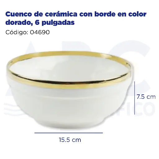[04690] Cuenco de cerámica con borde en color dorado, 6 pulgadas 