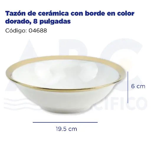 [04688] Tazón de cerámica con borde en color dorado, 8 pulgadas