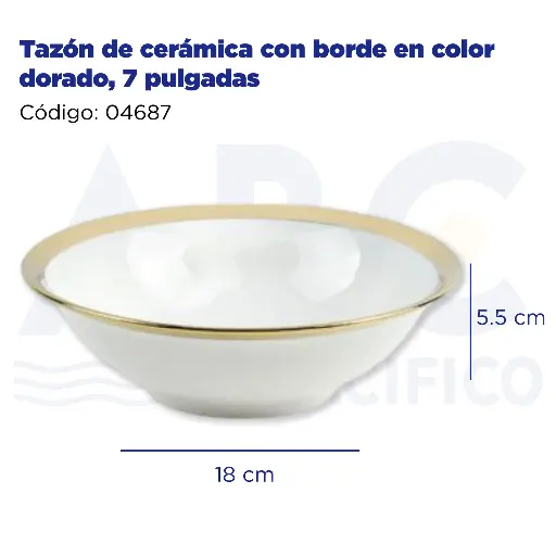 [04687] Tazón de cerámica con borde en color dorado, 7 pulgadas