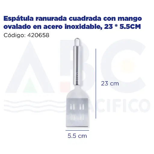 [420658] Espátula ranurada cuadrada con mango ovalado en acero inoxidable, 23 * 5.5CM
