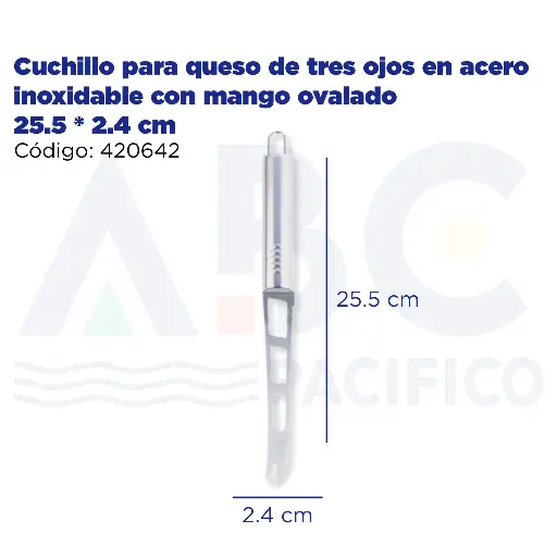 [420642] Cuchillo para queso de tres ojos en acero inoxidable con mango ovalado 25.5 * 2.4 cm