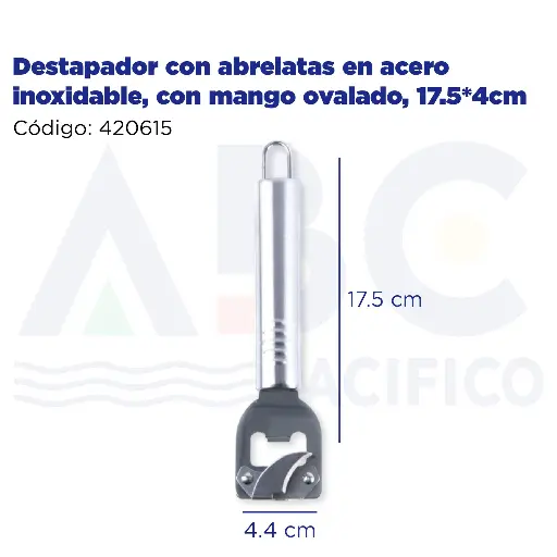 [420615] Destapador con abrelatas en acero inoxidable, con mango ovalado, 17.5*4cm