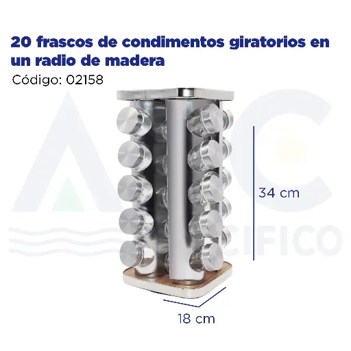 [02158] 20 frascos de condimentos giratorios en un radio de madera