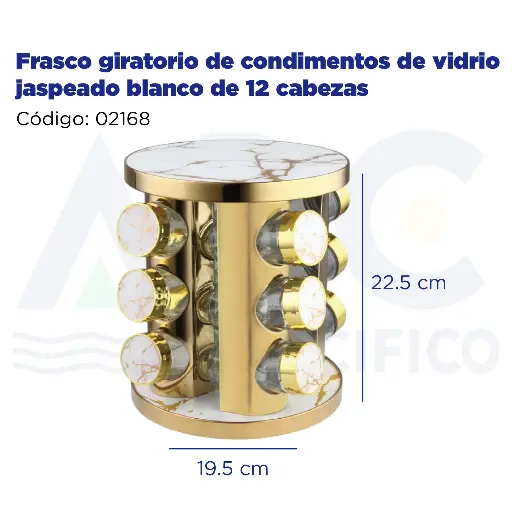 [02168] Frasco giratorio de condimentos de vidrio jaspeado blanco de 12 cabezas