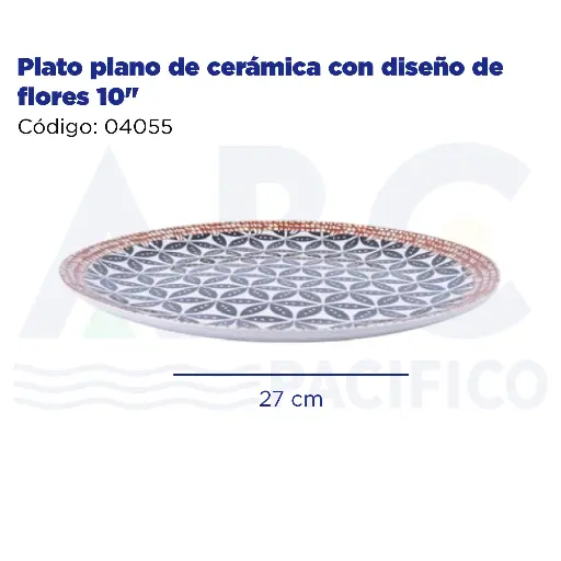[04055] Plato plano de cerámica con diseño de flores 10"