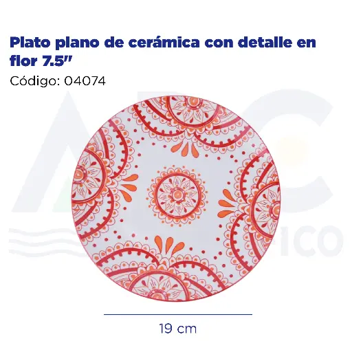 [04074] Plato plano de cerámica con detalle en flor 7.5"