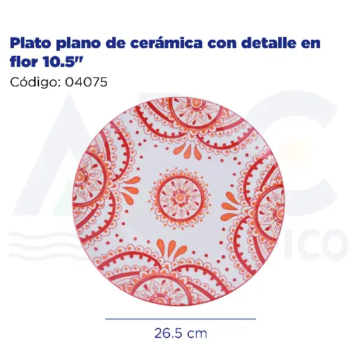 [04075] Plato plano de cerámica con detalle en flor 10.5"