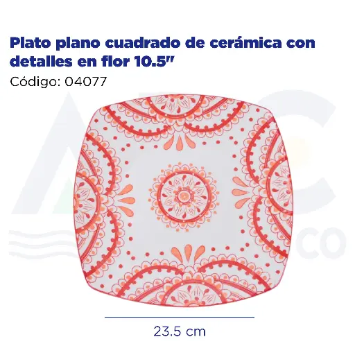 [04077] Plato plano cuadrado de cerámica con detalles en flor 10.5"