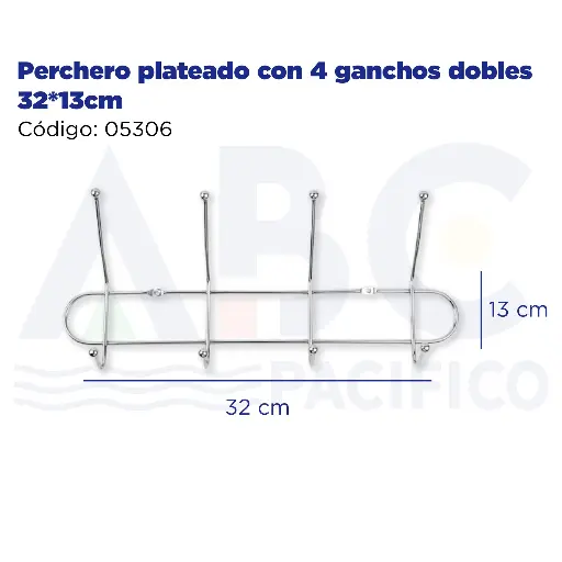 [05306] Perchero plateado con 4 ganchos dobles 32*13cm