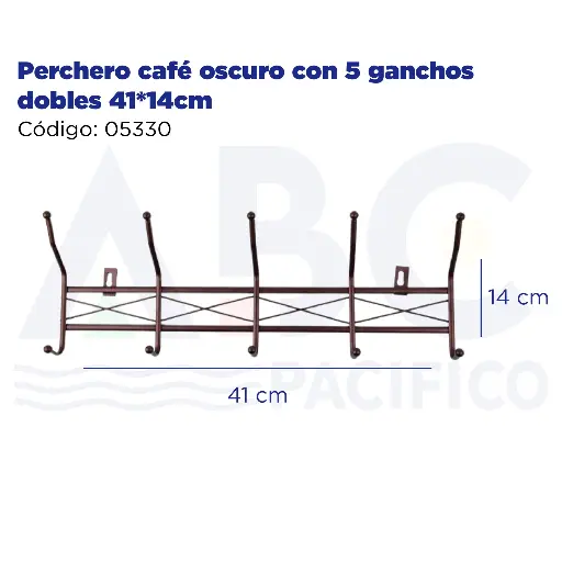 [05330] Perchero café oscuro con 5 ganchos dobles 41*14cm