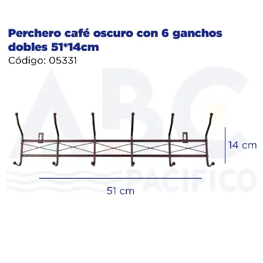 [05331] Perchero café oscuro con 6 ganchos dobles 51*14cm
