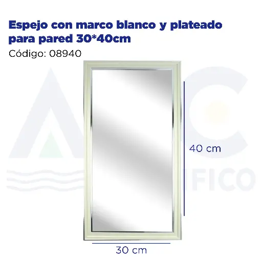 [08940] Espejo con marco blanco y plateado para pared 30*40cm