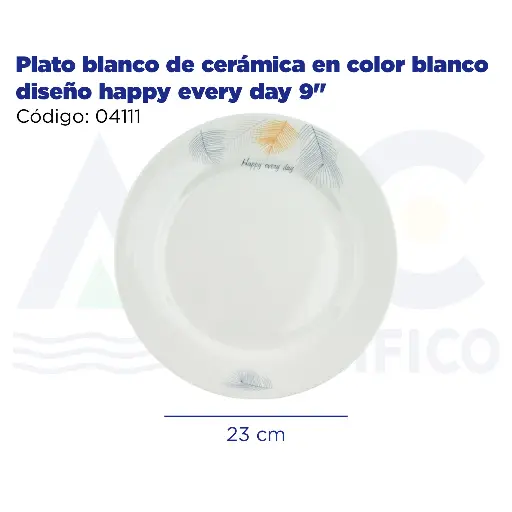 [04111] [04111] Plato blanco de cerámica en color blanco diseño happy every day 9"
